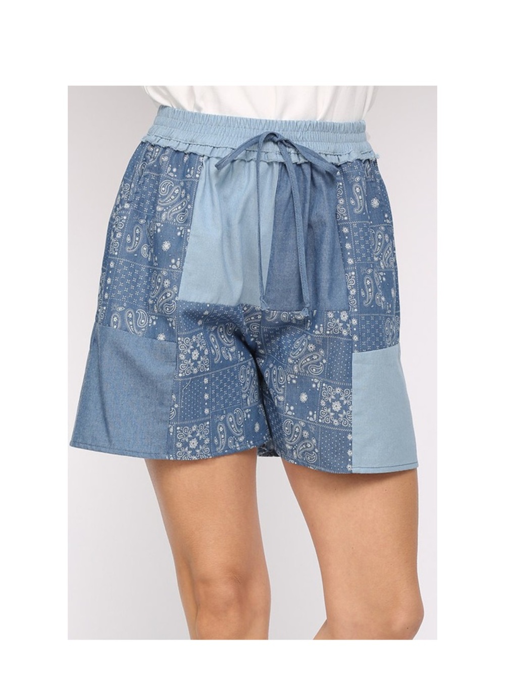 Patchwork Bandana Print Blue Drawstring Bermuda Shorts Small